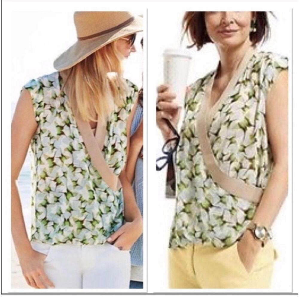 Cabi Green Swallow Tail Butterfly Print Sheer Top blouse Size S